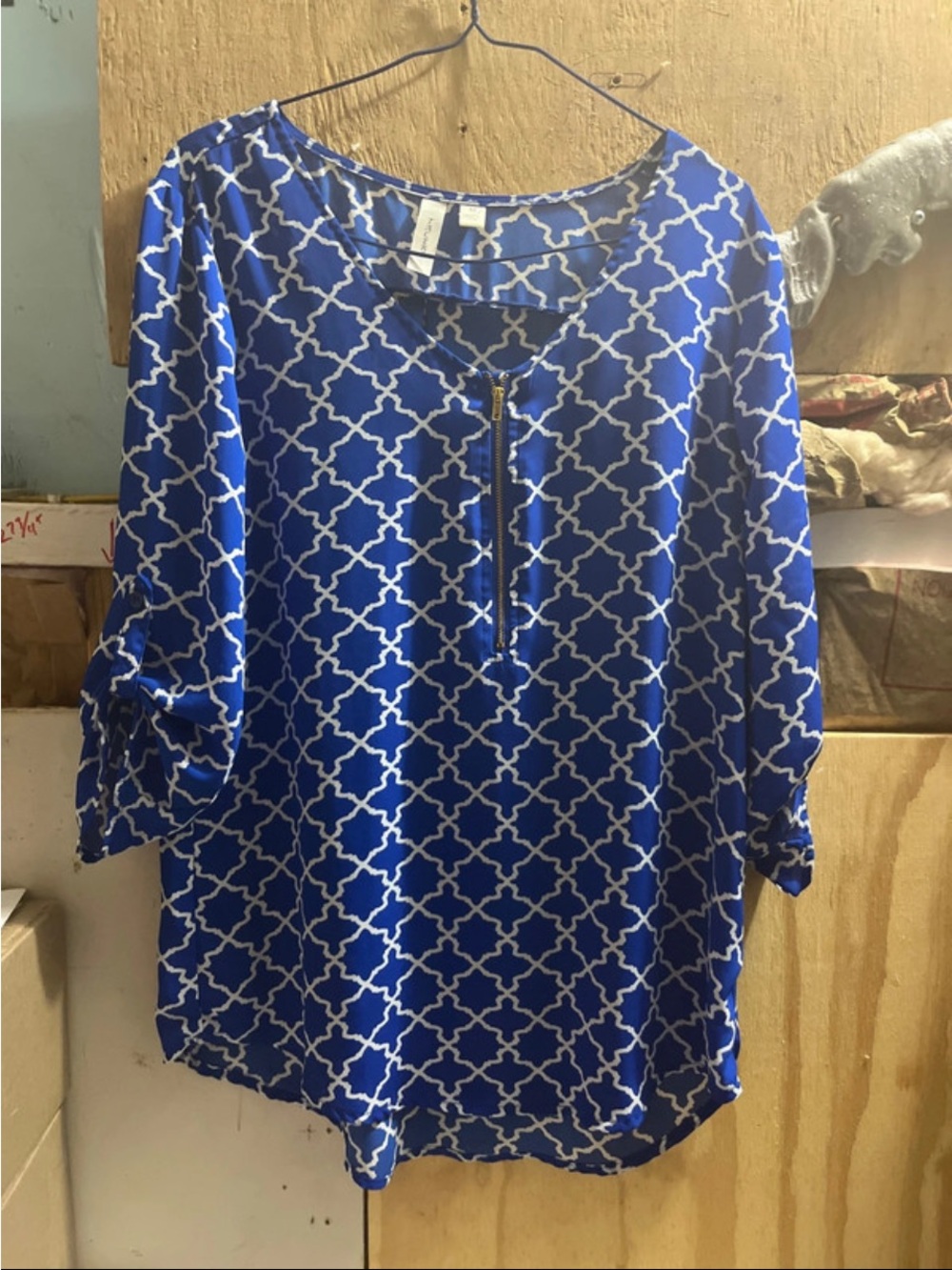 Tacera Royal Blue & White Geometric Zip-Front Tunic